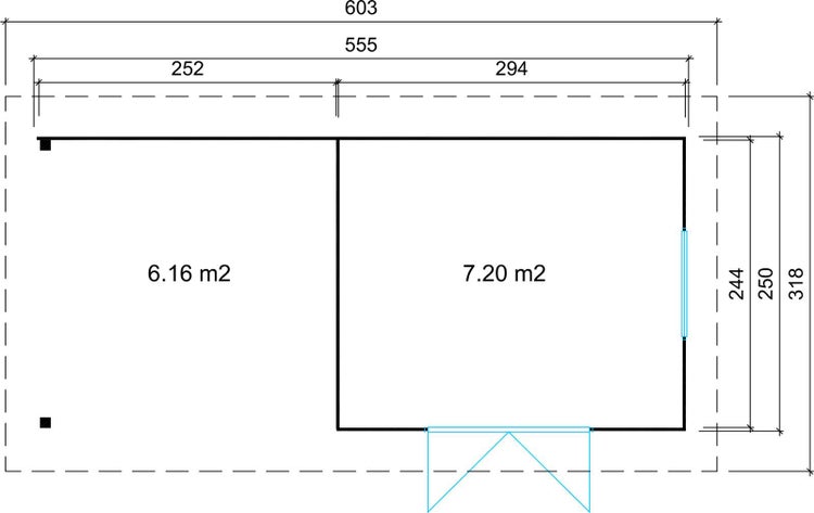 Technischer Grundriss für ein Gartenhaus mit zwei Räumen von 6,16 und 7,20 Quadratmetern sowie detaillierten Maßangaben in Zentimetern.