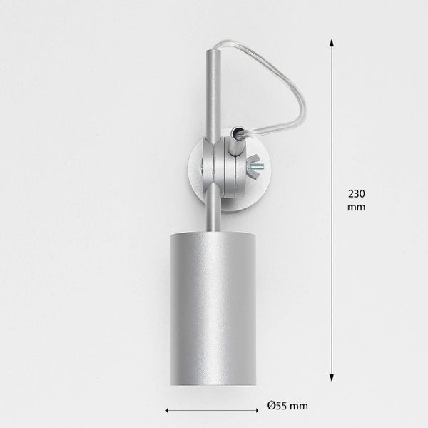Silberne Wandleuchte mit Abmessungen 230 mm Höhe und 55 mm Durchmesser.