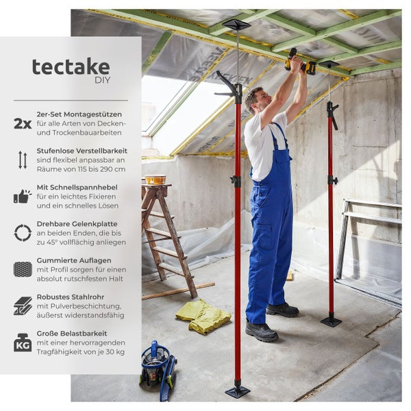 Montagestützen im 2er-Set für Decken- und Trockenbauarbeiten im Einsatz mit einer Tragfähigkeit von je 30 kg