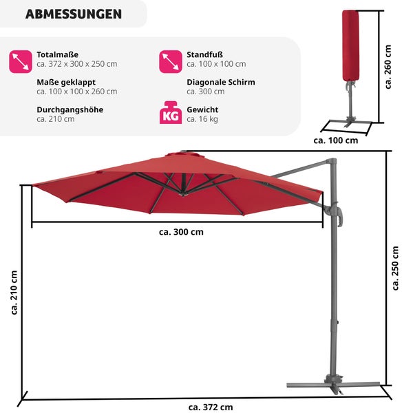 Sonnenschirm tectake Daria UV-Schutz 50+, inklusive Schutzhülle Ø 300 cm weinrot