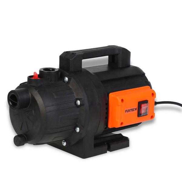 Fuxtec Gartenpumpe aus Kunststoff mit Tragegriff und beleuchtetem Ein-Aus-Schalter.
