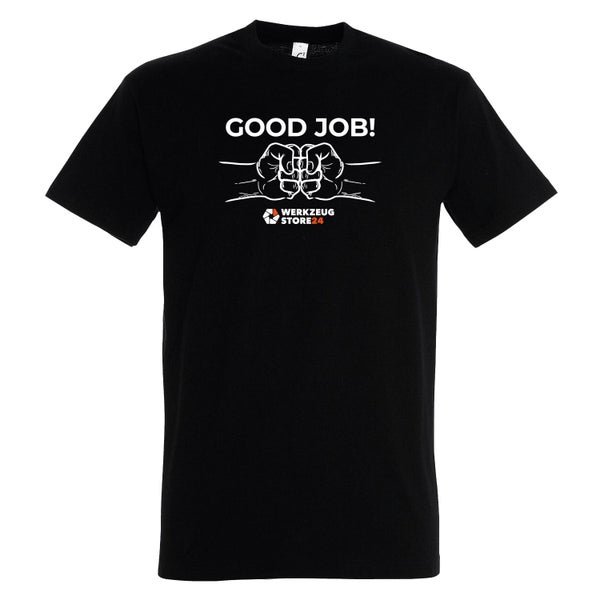 Schwarzes T-Shirt mit dem Aufdruck 'Good Job!' und Werkzeugstore24 Logo