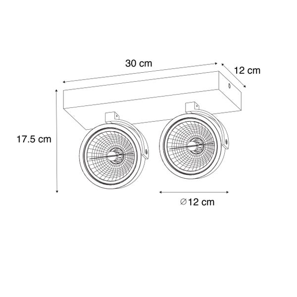 Technische Zeichnung einer Deckenleuchte mit zwei Strahlern und Maßangaben