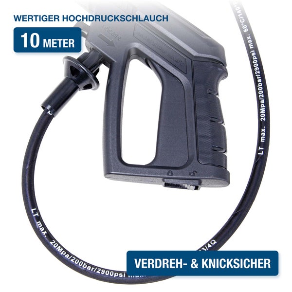 Hochdruckschlauch 10 Meter für Hochdruckreiniger, verdreh- und knicksicher, bis zu 200 bar und 60 Grad Celsius.