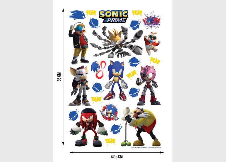Sonic Prime Wandsticker Set mit verschiedenen Charakteren und Logos, Maße 65 mal 42,5 Zentimeter.