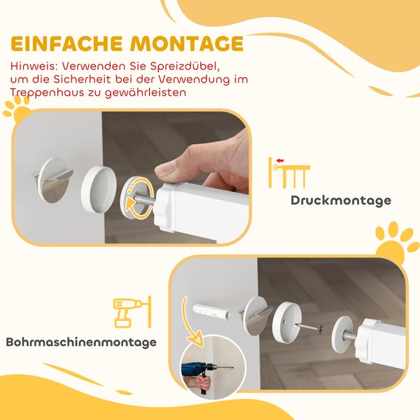 Infografik zur Montage eines Schutzgitters durch Druckmontage oder Bohrmaschinenmontage mit Dübeln und Schrauben.