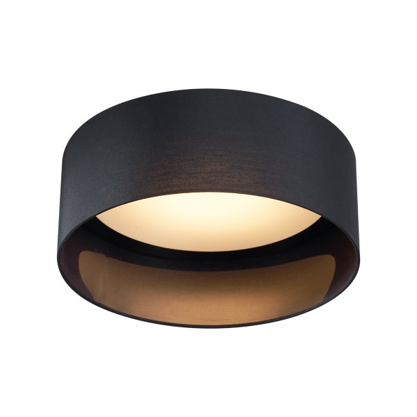 Runde Deckenleuchte mit Textilschirm, außen schwarz und innen goldfarben.