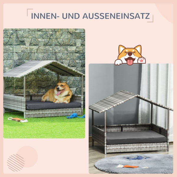 PawHut Rattan Hundehaus mit Kissen, Hundebett im Hausform, Outdoor Hundehütte, Stahlrahmen, Kunststoff, Grau, 69 x 98 x 70 cm