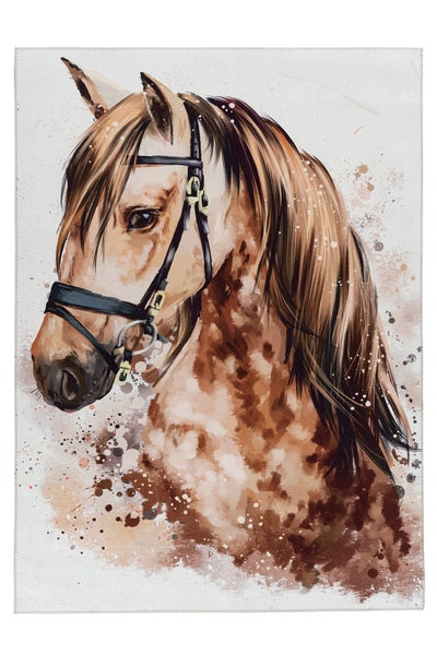 Teppich oder Wandbild mit einem Pferdeporträt im Aquarellstil, geschecktes Pferd mit schwarzer Trense.