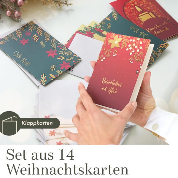 Milula Studios 14 Weihnachtskarten mit Umschlag Set - Adventskarten A6 - Karten Weihnachten Set - Weihnachtskarte zum Aufklappen - Weihnachtspostkarten Set für Weihnachten