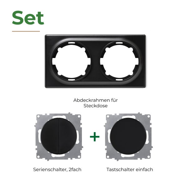 Schalterset bestehend aus zweifachem Abdeckrahmen, Serienschalter und Tastschalter einfach für die Unterputzmontage