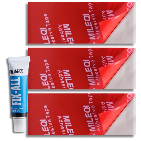 Set bestehend aus einer Tube Fix-All Dichtstoff und drei Klebestreifen von Mileqi für Montagearbeiten.