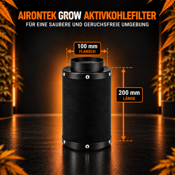 Airontek Grow Aktivkohlefilter mit 100 Millimeter Flanschdurchmesser und 200 Millimeter Länge für geruchlose Luftreinigung.