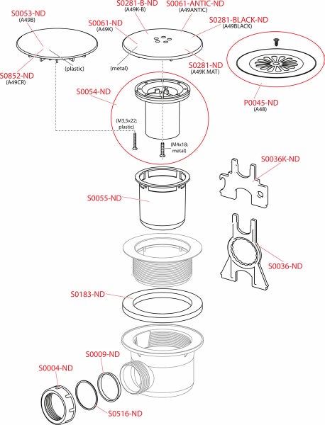 Duschwannen-Ablaufgarnitur aus Kunststoff mit Edelstahlsieb und seitlichem Abgang.