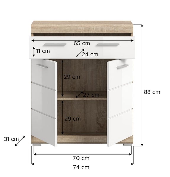 Schuhschrank in Holzoptik mit weißen Fronten, einer Schublade und zwei Türen, inklusive Maßangaben in Zentimeter.