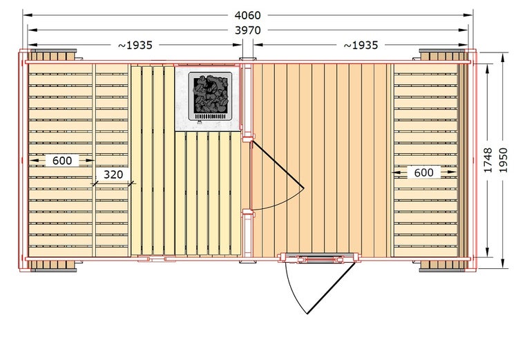 Grundriss einer Saunakabine mit zwei Räumen, Maßangaben in Millimetern, einem Saunaofen und Holzbänken.