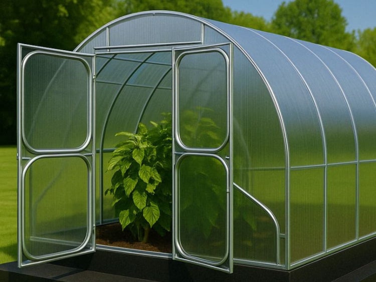 Gewächshaus mit geöffneter Tür und Pflanze im Inneren