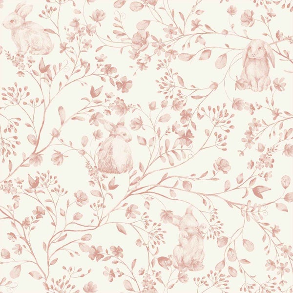 Tapete mit einem Muster aus skizzierten Hasen, zarten Blumen und beblätterten Zweigen.