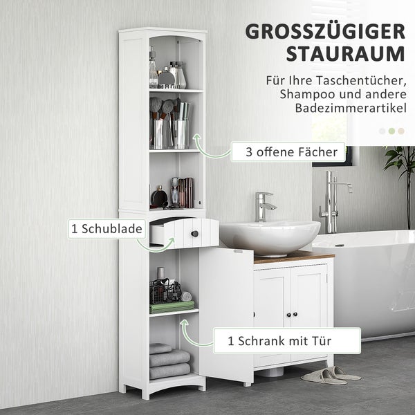 HOMCOM Badezimmerschrank Hochschrank mit 3 Regalen, 1 Schublade Badschrank Badregal Bad Schrank Badmöbel, Weiß, 34x24x170,5cm