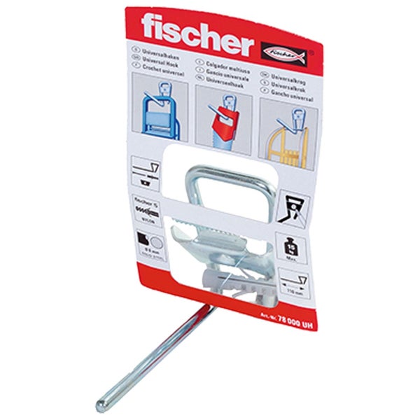 Fischer Universalhaken aus Stahl inklusive SX-Dübel in Verpackung mit Anwendungsbeispielen.