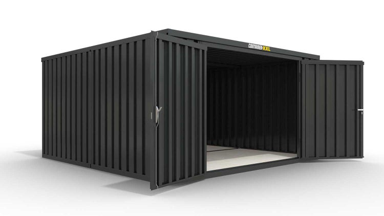 Lagercontainer Gerätehaus XL2  – 21 qm, H2150 x B5080 x T4340 mm, Außenwandlackierung anthrazit, Dach außen verzinkt, mit Holzfußboden, 2750 mm Doppelflügeltür mittig in Stirnseite, montiert