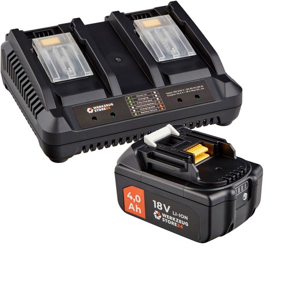 Werkzeug Store24 Doppel-Ladegerät mit 18 V 4,0 Ah Lithium-Ionen-Akku