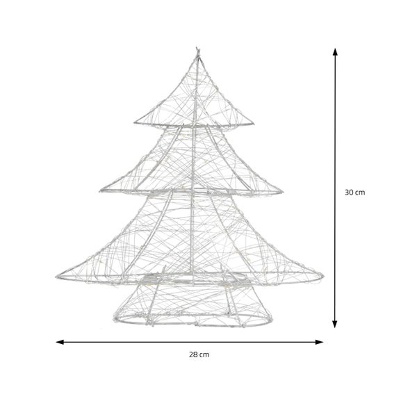 ECD Germany LED Deko Baum Weihnachten mit 20 warmweißen LEDs, 30 cm hoch, aus Metall, Silber, Weihnachtsbaum mit Beleuchtung & Timer, Innen, batteriebetrieben, Lichterbaum Tanne stehend Weihnachtsdeko