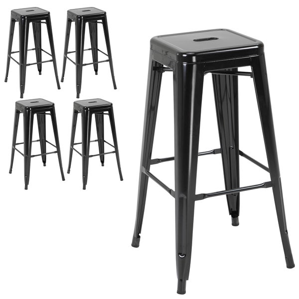 HOMCOM Barhocker 4er Set, Barstuhl mit Fußstütze, Küchenstühle aus Metall Stapelbar Tresenhocker Hocker für Küche, Wohnzimmer, Esszimmer Schwarz