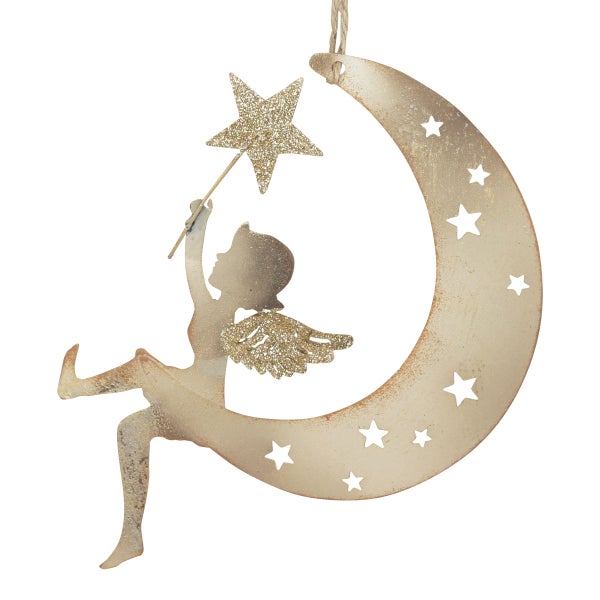 Dekorativer Mond mit Feenfigur und Sternstab als Weihnachtsbaumschmuck