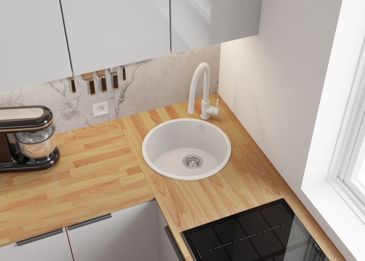 PRIMAGRAN Granitspüle Weiß 46x46cm, Spülbecken Rund 1 Becken + Küchenarmatur 40x20cm + Ablauf-Set, Küchenspüle ab 50er Unterschrank - Valletta Slim