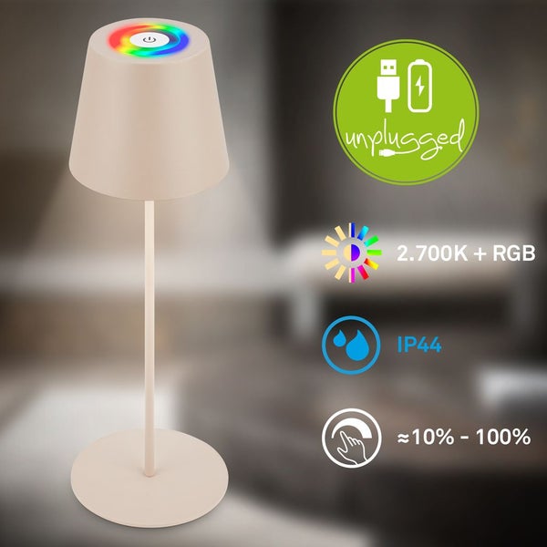 Briloner Calida 3 in 1 RGBW LED Tischlampe kabellos IP44, Dimmbar, Touch, Höhenverstellbar, Spritzwasserschutz, Beige, 36 x Ø10,5 cm