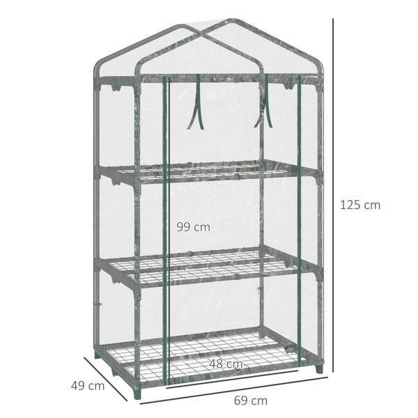 Folien-Gewächshaus mit drei Gitterregalen, Breite 69 Zentimeter, Tiefe 49 Zentimeter, Höhe 125 Zentimeter.