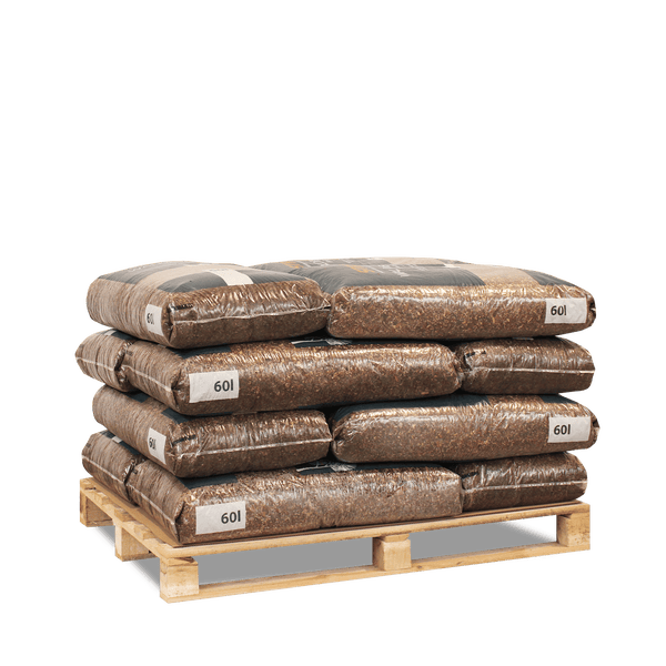 Palette mit mehreren 60 Liter Säcken Rindenmulch.