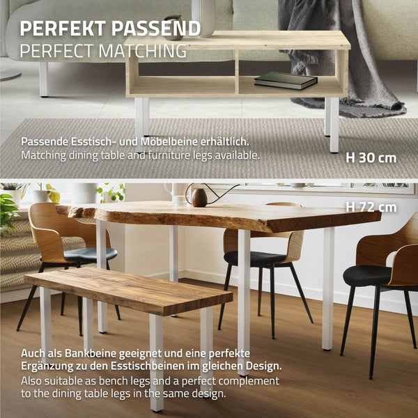 ML-Design 4er Set Tischbeine I-Design 42 cm, Weiß glänzend, aus pulverbeschichtetem Stahl, eckig, Vierkantprofil 4x4 cm, Höhenverstellbare Möbelfüße 1-4 cm, Möbelbeine für Couchtische, Bänke, TV-Möbel