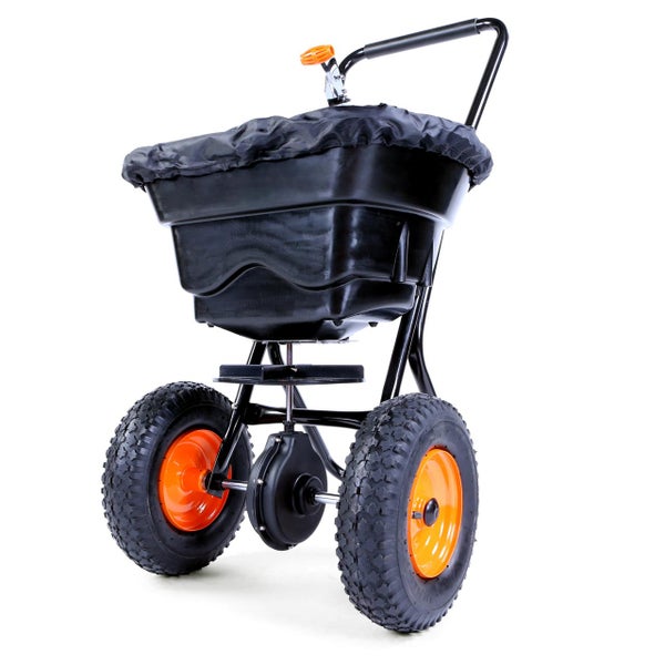Gartengerät mit drei Rädern und Behälter zur Verteilung von Saatgut oder Dünger
