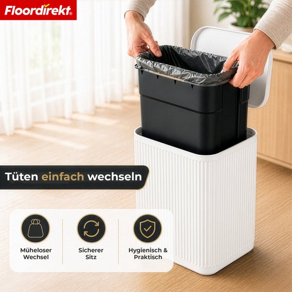 Abfalleimer mit Inneneimer für einfachen Beutelwechsel, sicheren Sitz und hygienische Nutzung in heller Umgebung. Floordirekt Logo.