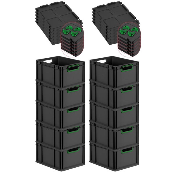 PROREGAL SparSet 10x Eurobox NextGen Color mit Auflagedeckel und Schiebeschnappverschlüsse, HxBxT 22x30x40cm, 20 Liter, Schwarz, Griffe grün offen, Eurobehälter, Transportbox, Transportbehälter, Stapelbehälter