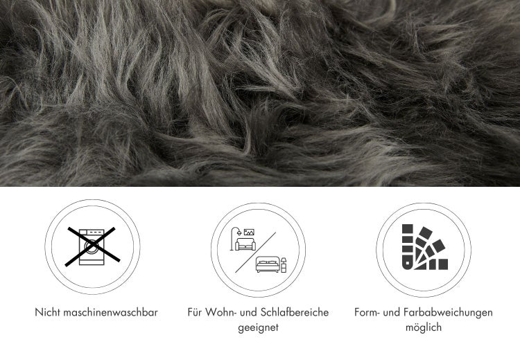 Kunstfell Teppich mit langer Struktur. Piktogramme zeigen: nicht maschinenwaschbar, für Wohn- und Schlafbereich geeignet, Abweichungen möglich.