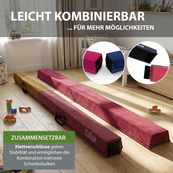 Zwei lange Schwebebalken für Kinder mit Trutzholm Logo auf Holzboden im Kinderzimmer, Klettverschlüsse zur Verbindung einzelner Segmente.