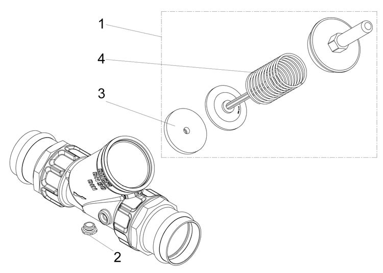 Technische Zeichnung eines Rückschlagventils Nennweite 50 mit Explosionsdarstellung der Innenteile wie Feder, Dichtung und Verschlussstopfen.