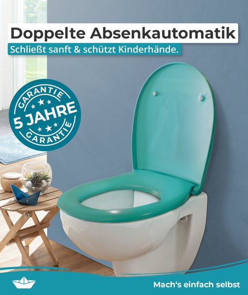 WC Sitz mit doppelter Absenkautomatik und fünf Jahren Garantie für ein sanftes Schließen.