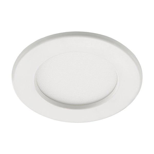 Runde weiße LED-Einbauleuchte mit mattem Diffusor und transparentem Außenring.