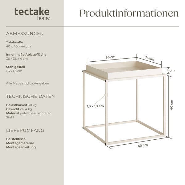 Beistelltisch tectake Cambridge 40 x 40 x 44 cm Stahl creme
