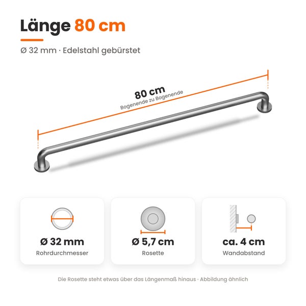 Duschhaltegriff aus gebürstetem Edelstahl, 80 Zentimeter lang, 32 Millimeter Rohrdurchmesser, inklusive Wandabstand und Rosettenmaß.