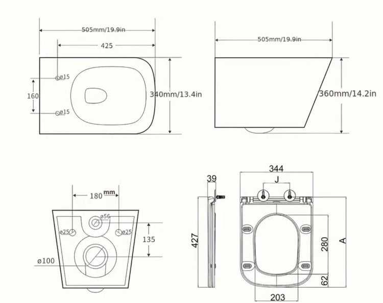 Technische Zeichnung einer Toilette mit Abmessungen