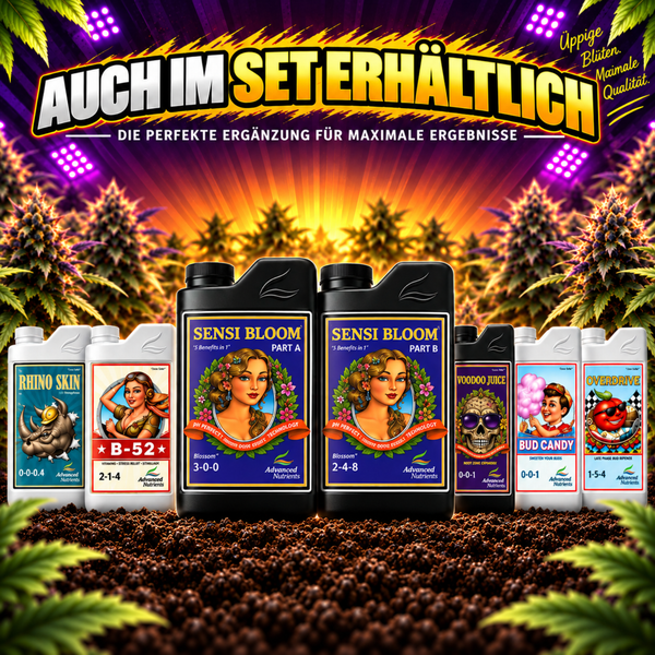Set aus verschiedenen Advanced Nutrients Sensi Bloom Pflanzendüngern und Zusatzmitteln für die Pflanzenaufzucht.
