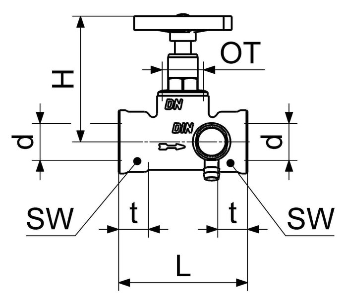 Technische Zeichnung eines Ventils mit Maßangaben für Höhe, Länge, Durchmesser und Schlüsselweite.