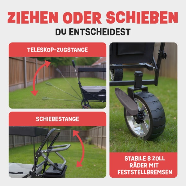 Bollerwagen mit verstellbarer Teleskop-Zugstange, anpassbarer Schiebestange und stabilen 8 Zoll Rädern inklusive Feststellbremsen.