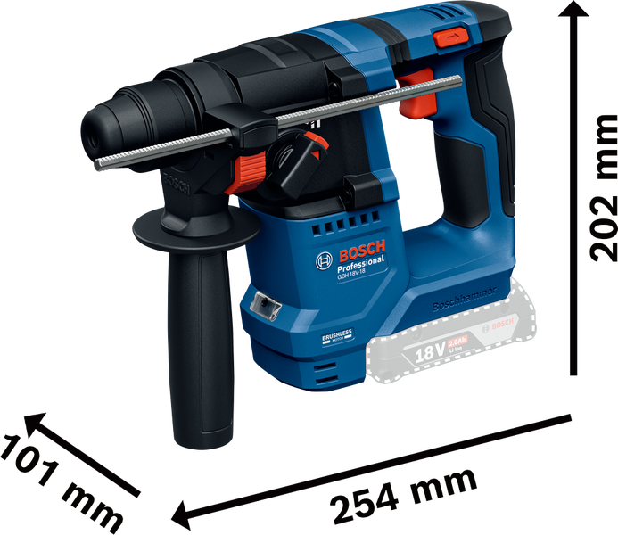Bosch Professional Akku-Bohrhammer GBH 18V-18 mit bürstenlosem Motor, Länge 254 Millimeter, Höhe 202 Millimeter, Breite 101 Millimeter.