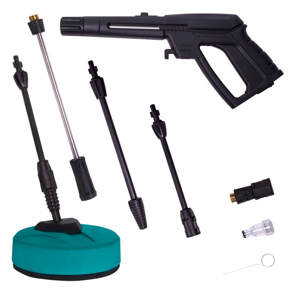 Hochdruckreiniger Zubehör Set inklusive Pistole, Terrassenreiniger, Lanzen, Düsen und Adapter für Hochdruckreiniger.